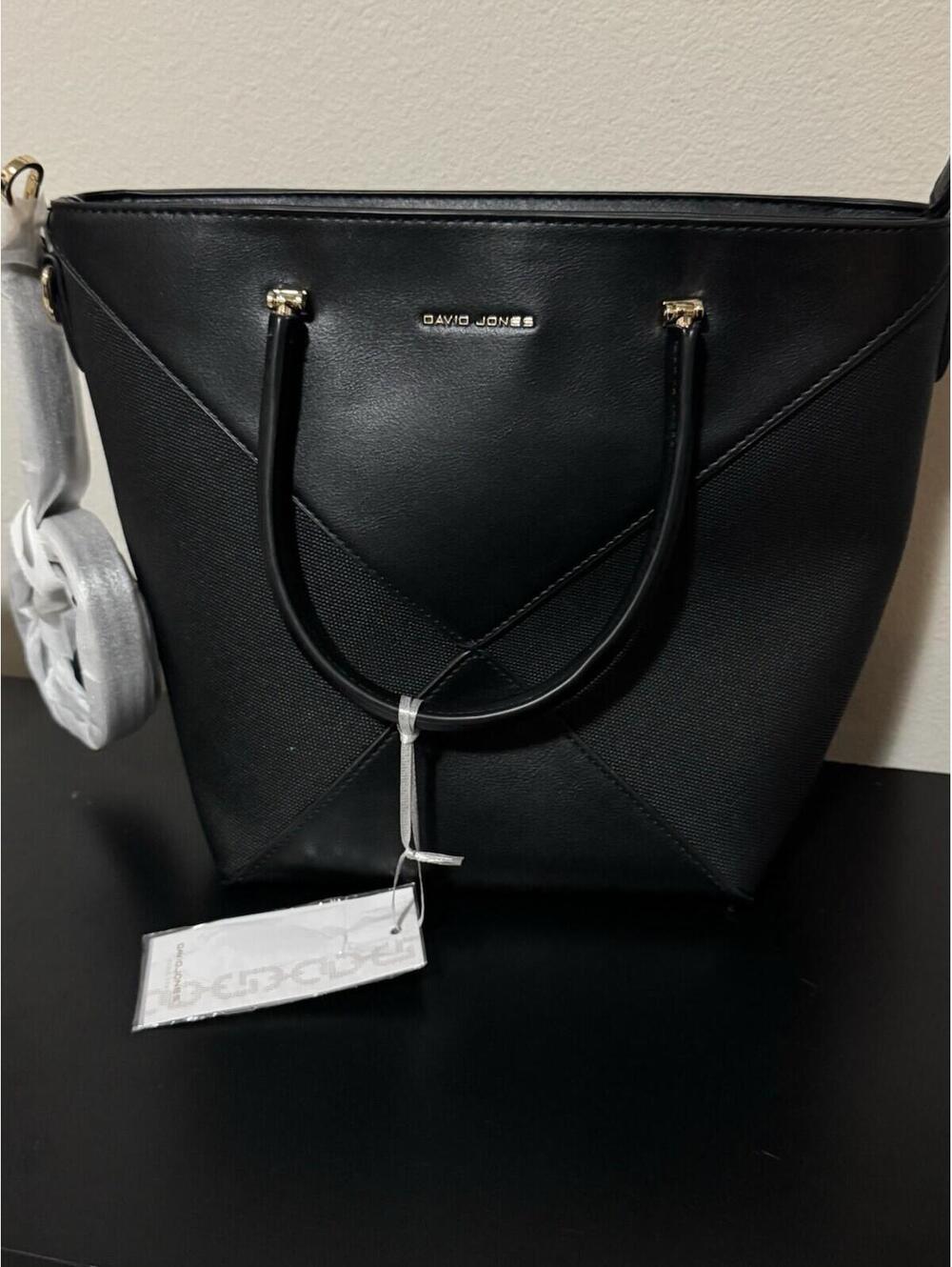 David Jones Black Handbag Faux Leather Tote Shoulder Bag Gold Tone Hardware